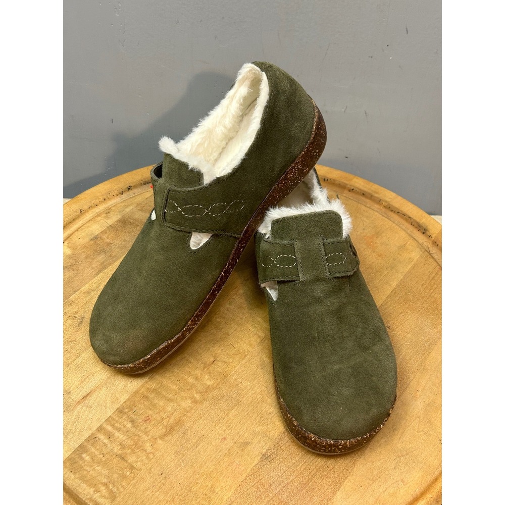 Earth Origins Aurora Jade Women 10 Olive Suede Faux Fur Lined Clogs Mules Shoes